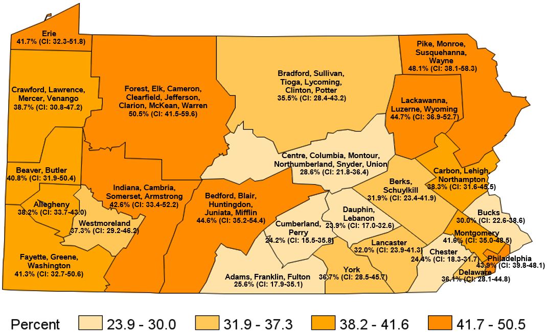 Average 6 or Fewer Hours of Sleep in a 24-Hour Period, Pennsylvania Health Districts 2018